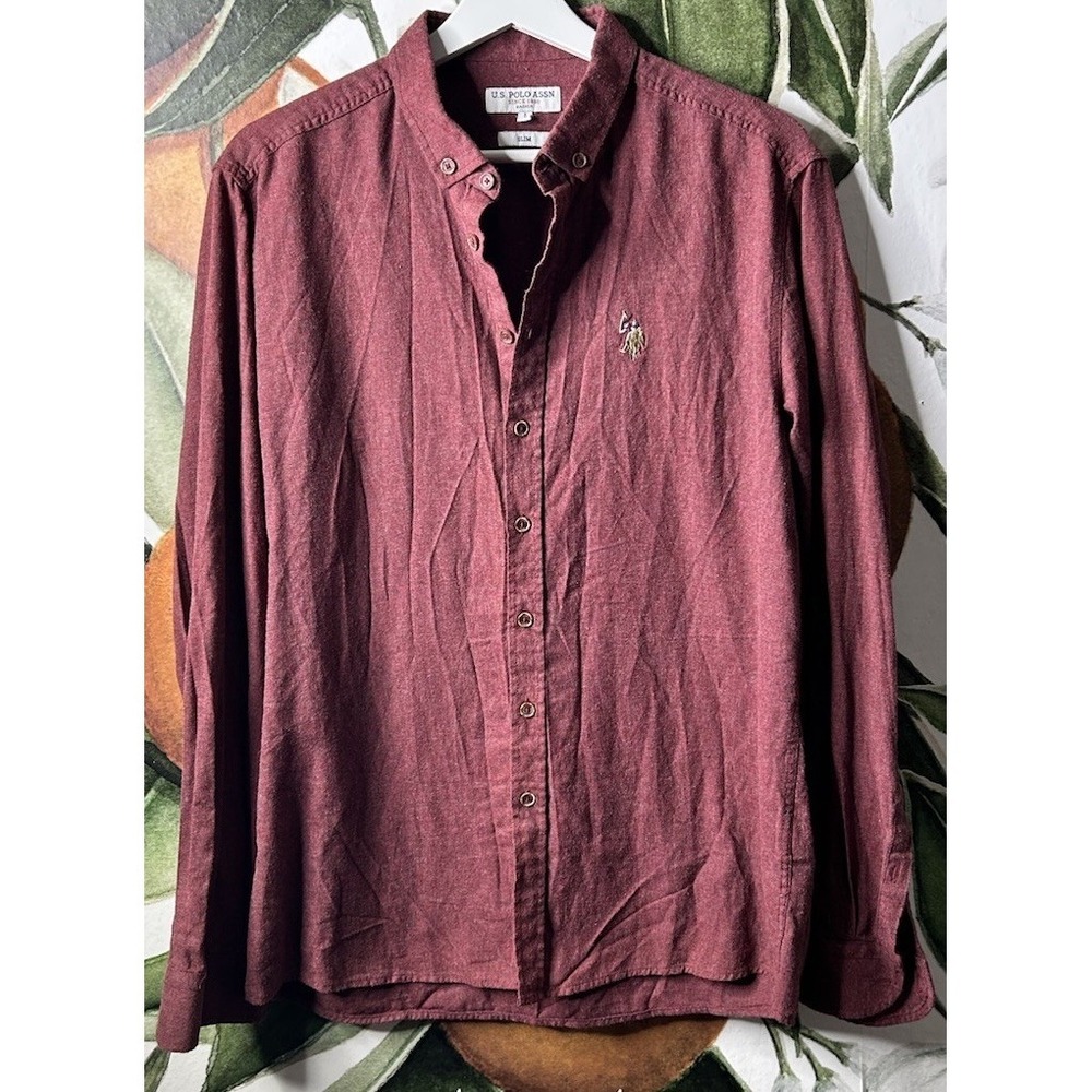 US Polo Assn.‎ Large Slim Basic Button Down Long Sleeve Shirt Cotton Heather Red